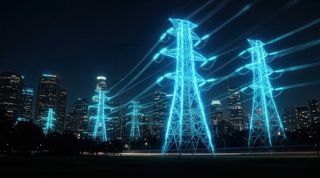 A dark cityscape featuring neon blue power transmission towers and high voltage lines.
