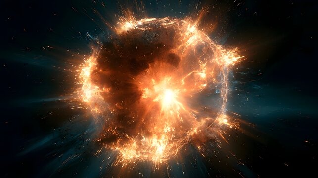 Supernova explosion in deep space. Epic stellar explosion bursts through endless space. Massive shockwave radiates glowing energy shell. Flight to the stars at the speed of light. Big bang. 