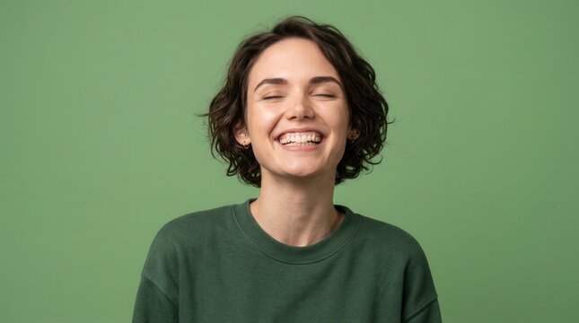 Beautiful young woman expressing happiness and joy through a big smile on a green background.