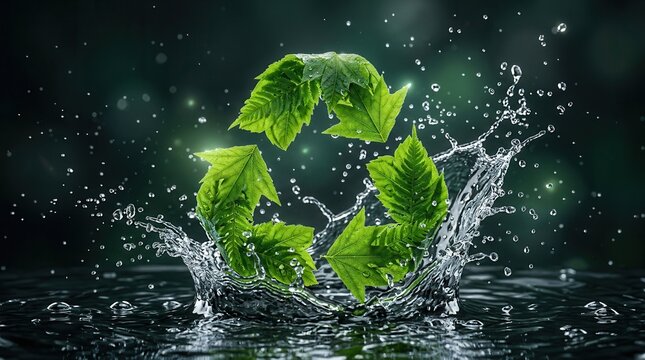 Clean water droplets and green leaf recycle symbol representing eco friendly sustainability.
