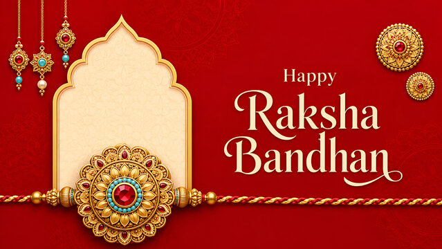 Traditional happy raksha bandhan greeting card with luxury golden rakhi decorated by red gems on bright red background with beautiful hanging ornaments