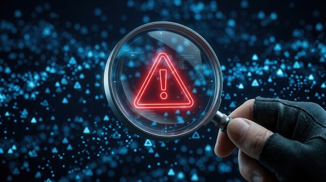 Digital network security analysis showing a red warning triangle and exclamation mark icon.