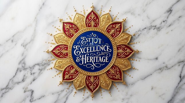 Elegant Golden and Maroon Lotus Frame with Shri Radha Written in Devanagari Hindi Script Over a Blue Background on a Marble Surface.
