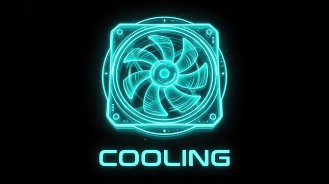 Futuristic neon computer cooling fan icon. Gaming hardware and technology concept illustration.