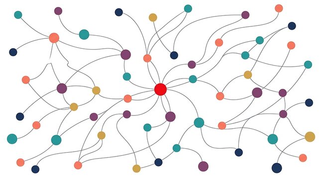 Minimalist network diagram with a central node and multicolored connecting lines on a white background