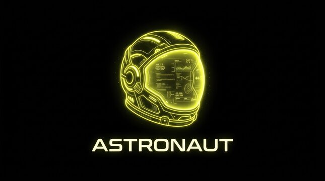 Futuristic glowing neon astronaut helmet with HUD display. Sci-fi technology vector illustration.