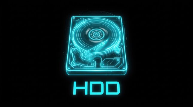 Futuristic HDD hard disk drive hologram icon for data storage and technology concepts.