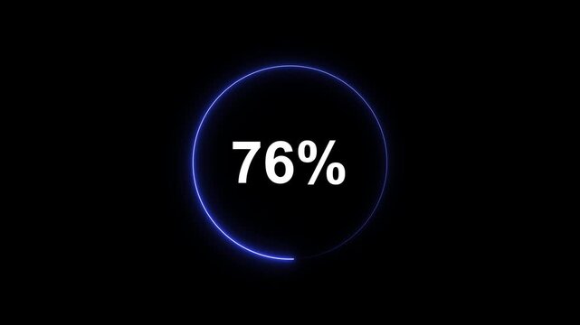 Neon blue circular loading progress bar animation with 76 percent counter on black background circle