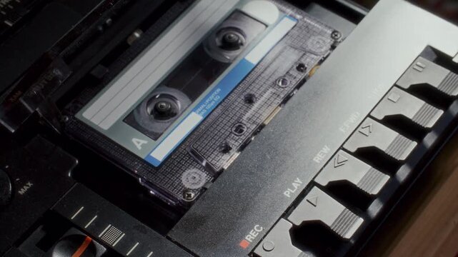 Finger pressing play button on vintage cassette tape player deck, analog compact cassette tape loaded inside playing music. Close up shot