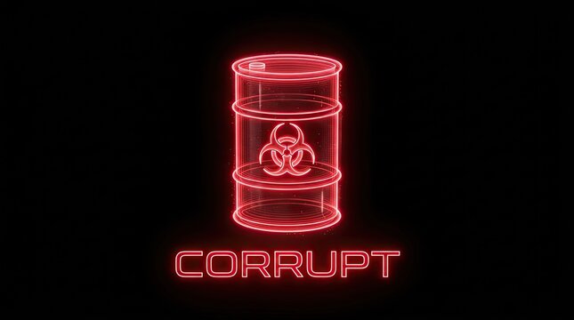 Red Neon Biohazard Barrel Icon with Corrupt Text on Black Background