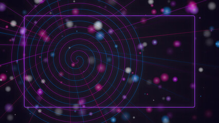 Obraz premium Abstract purple neon spiral graphic with glowing particles and a rectangular frame isolated on transparent background