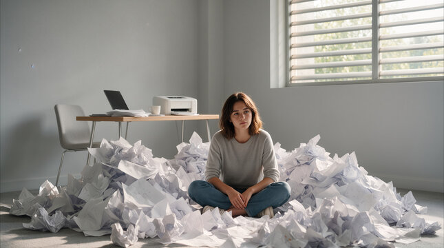 Bored woman sitting on floor surrounded by piles of crumpled paper. Writer block and lack of inspiration in minimalist home office.