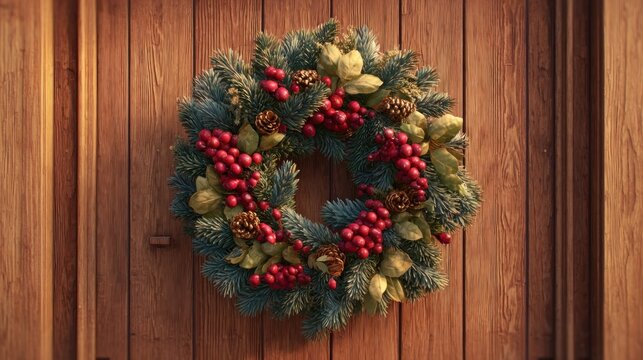 festive holiday wreath on wooden door