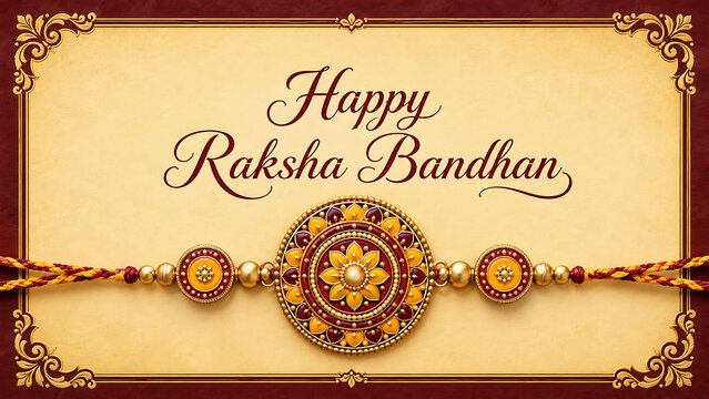 Classic happy raksha bandhan holiday background template showcasing beautiful luxury golden rakhi with yellow floral details centered on framed elegant beige canvas