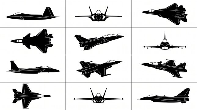 Set of black fighter jet silhouettes in various angles and perspectives on white background