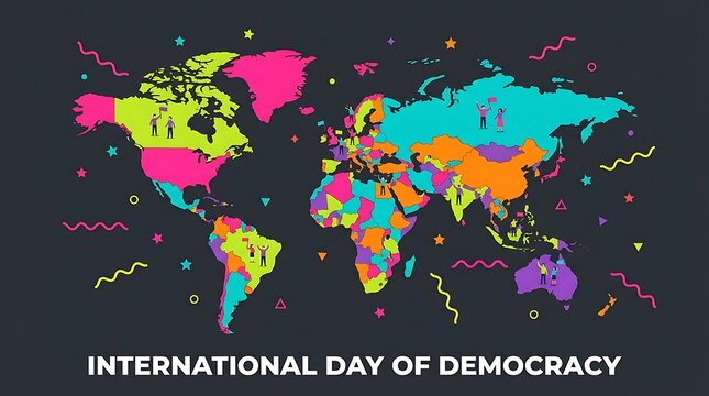 A colorful world map illustration celebrating international day of democracy with vibrant geometric shapes on a dark grey background