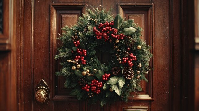 festive holiday wreath on door