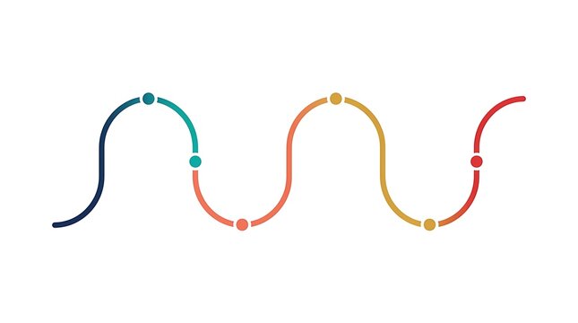 Minimalist multicolored wavy line with connecting dots as a smooth linear infographic element on a white background