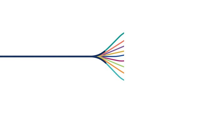 Abstract fan-shaped line art with multicolored diverging curves on a plain background