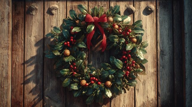 festive holiday wreath on wooden door