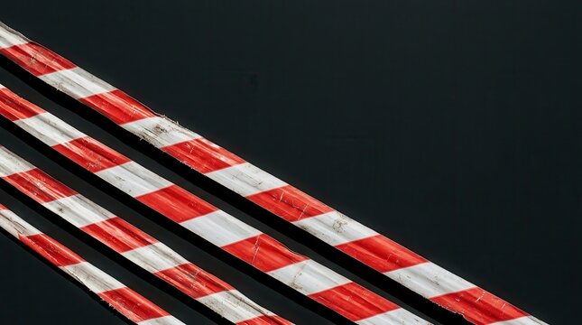 Red and white hazard warning tape diagonal stripes, industrial safety boundary markers, restricted area access control for construction site security