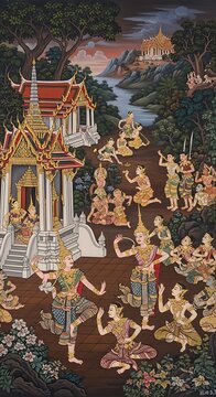 Traditional mural painting of dancers and temples in forest landscape