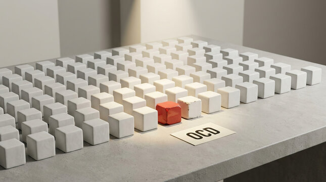 Misaligned object breaking pattern across white geometric grid, featuring red cube and numbered card on concrete surface, with warm light creating conceptual design scene