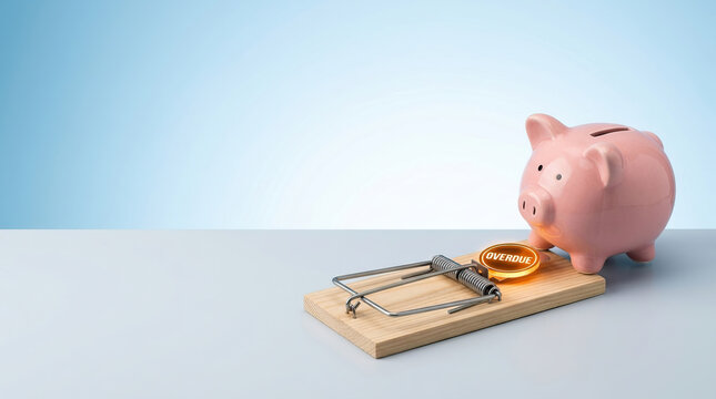 Pink piggy bank approaching wooden mousetrap with overdue payment token, symbolizing financial risk, debt, and caution in saving