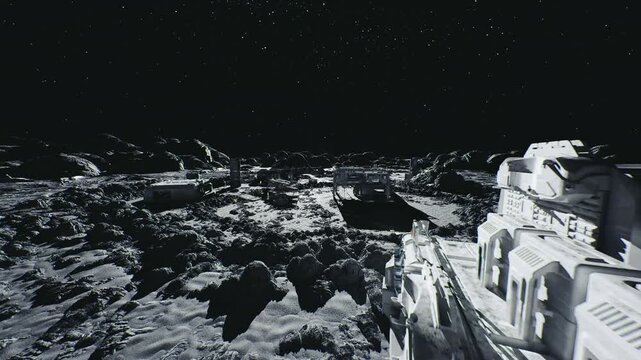 Moon mining pit with excavation equipment and haul platforms, crater rim shadows, raw regolith piles and heavy machinery indicating industrial extraction