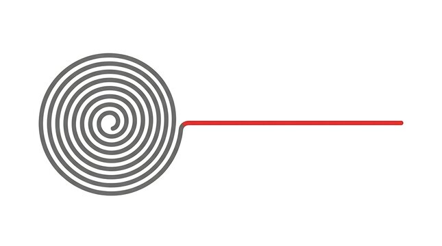 Minimalist spiral and straight line geometric design element in red and grey
