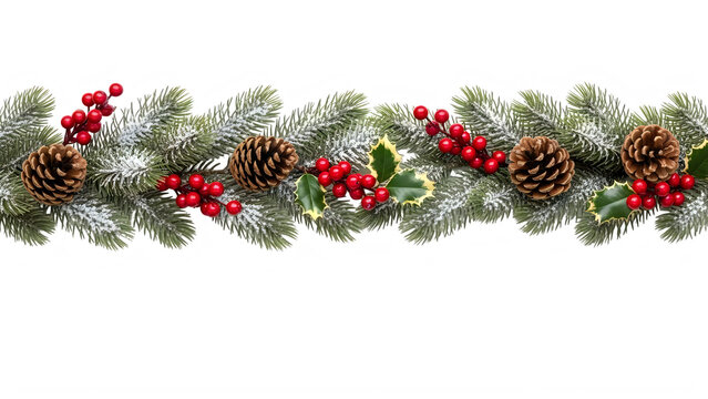 Christmas pine garland with red berries and brown pine cones