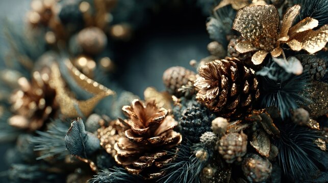 festive holiday wreath with pinecones and golden ribbon