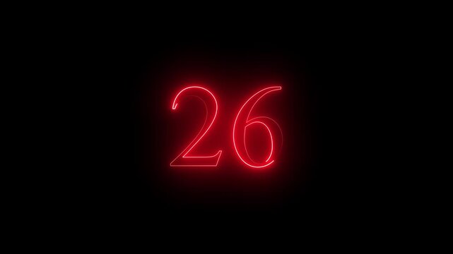 glowing red color neon 26 text, Educational concept promote advertising concept isolate using QuickTime black background 4k motion video 