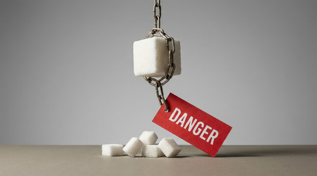 Sugar cube hanging from chain with danger tag above scattered sugar on neutral surface, creating dramatic warning about dietary risk, addiction, and unhealthy consumption