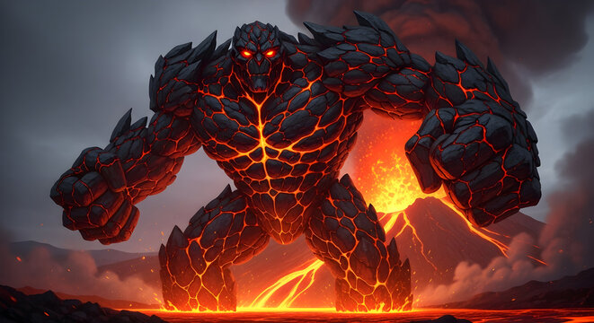 Powerful lava golem erupting from volcanic landscape, glowing with intense heat, embodying raw elemental force and destruction
