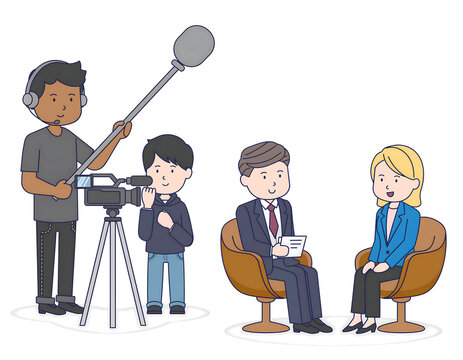 News Interview Television Production Team Vector Illustration