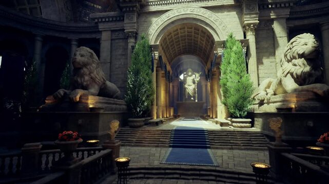 torchlit stone entrance framed by lion sculptures and tall greenery, blue runner down steps, classical archway, warm torch glow, stately and imposing approach