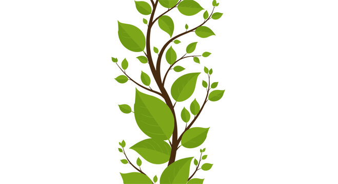Vertical illustration of a winding brown vine or beanstalk growing upwards with many vibrant green leaves of various sizes.