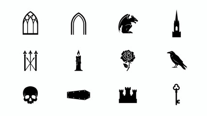 Halloween themed black silhouette icons set with church fleur de lis background including gothic gothic window arch white background © Shela