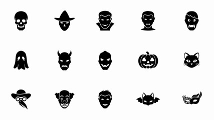 Obraz premium Halloween icons set with black silhouettes of masks with collection 15 black halloween themed icons arranged four rows white background