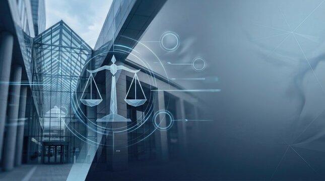 A modern courthouse building is overlaid with a digital graphic of scales of justice. The scales are illuminated with blue light, and interconnected lines and circles suggest data and technology.