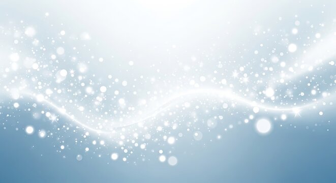 A dynamic, abstract wave of shimmering white light flows across a gradient blue background. The light creates a sense of movement and energy, with sparkling particles scattered throughout the scene.