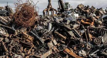 Naklejka premium A large pile of scrap metal dominates the image, consisting of various discarded car parts, appliances, and machinery.