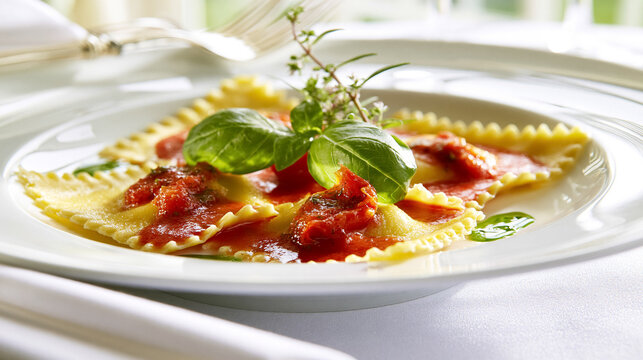 Ravioli pasta with rich tomato sauce and fresh basil on a white plate, ready for a gourmet Italian meal