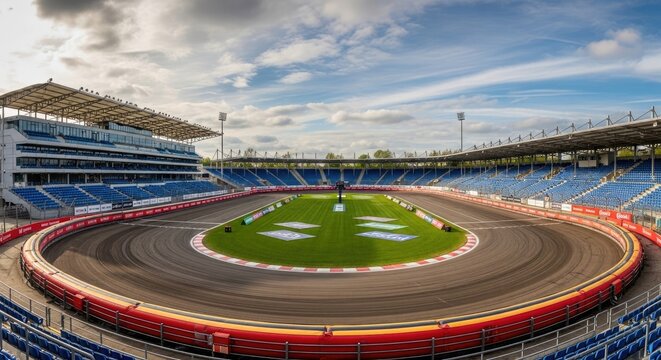 A wide-angle photograph captures a motorsport racetrack under a cloudy sky. The track is a vibrant red and white, with a green central area.