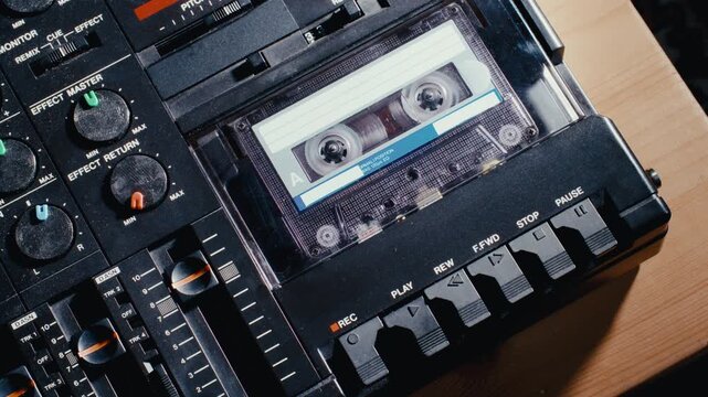 Finger pressing play button on retro analog multitrack cassette recorder, turning on tape loaded next to mixing console faders, knobs, and dials. Close up shot