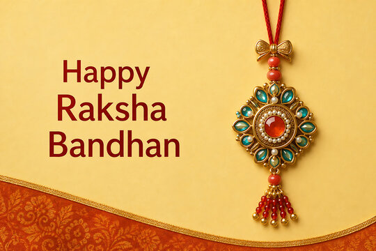 Decorative hanging rakhi featuring orange and teal stones against a yellow background with rich borders signifying sibling love for happy raksha bandhan