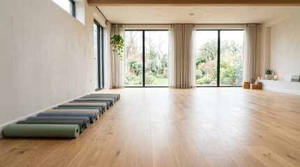 Fototapeta premium A spacious, light-filled room serves as a yoga studio. Several rolled-up yoga mats are neatly arranged on a warm-toned wooden floor.