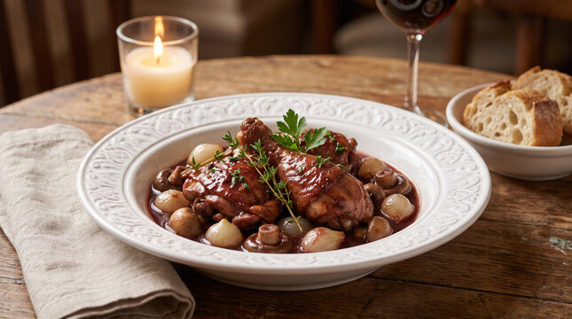 A traditional French Coq au Vin is beautifully served in an elegant white bowl on a rustic wooden restaurant table. The delicious chicken and mushrooms look really tasty.