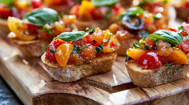 Appetizing bruschetta featuring colorful cherry tomatoes, fragrant basil, and garlic on crispy toasted bread, ready for serving